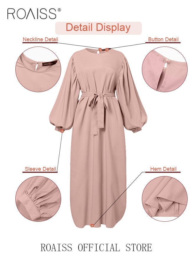 Abaya with Belt for Women Ladies Long Sleeve Dress Classic Style Lantern Sleeve Tunic Round Neck Casual Elegant Dress for Daily Outfit