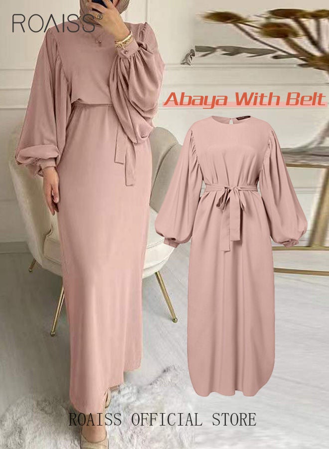 Abaya with Belt for Women Ladies Long Sleeve Dress Classic Style Lantern Sleeve Tunic Round Neck Casual Elegant Dress for Daily Outfit