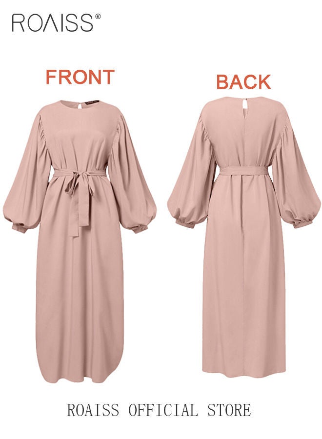 Abaya with Belt for Women Ladies Long Sleeve Dress Classic Style Lantern Sleeve Tunic Round Neck Casual Elegant Dress for Daily Outfit