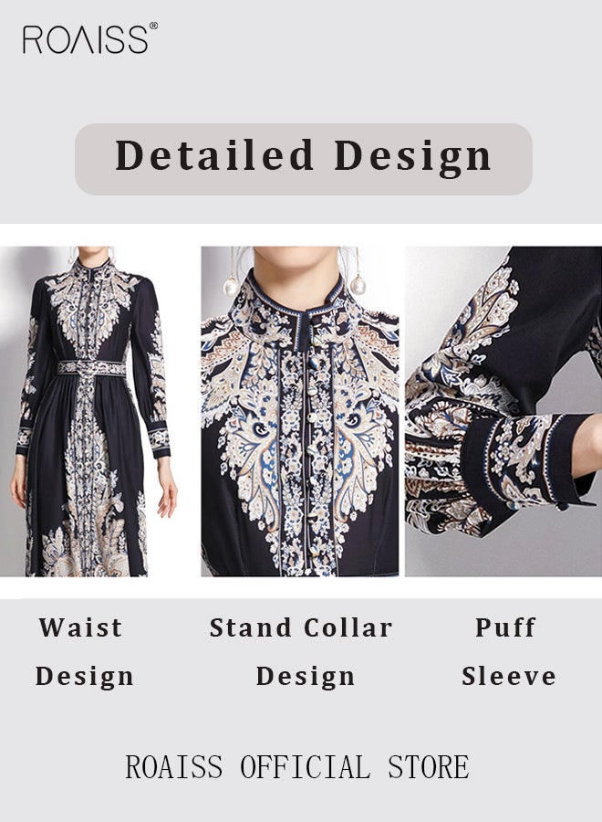 Women Embroidered Belted Shirt Dress Full Sleeved Slim Waist Belted Button Print Casual Muslim Long Dress Outfits Floral Print Mock Neck Long Sleeve Women Casual Long Dress