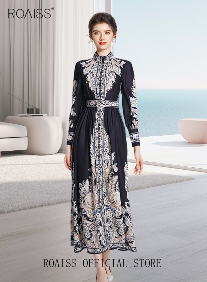 Women Embroidered Belted Shirt Dress Full Sleeved Slim Waist Belted Button Print Casual Muslim Long Dress Outfits Floral Print Mock Neck Long Sleeve Women Casual Long Dress