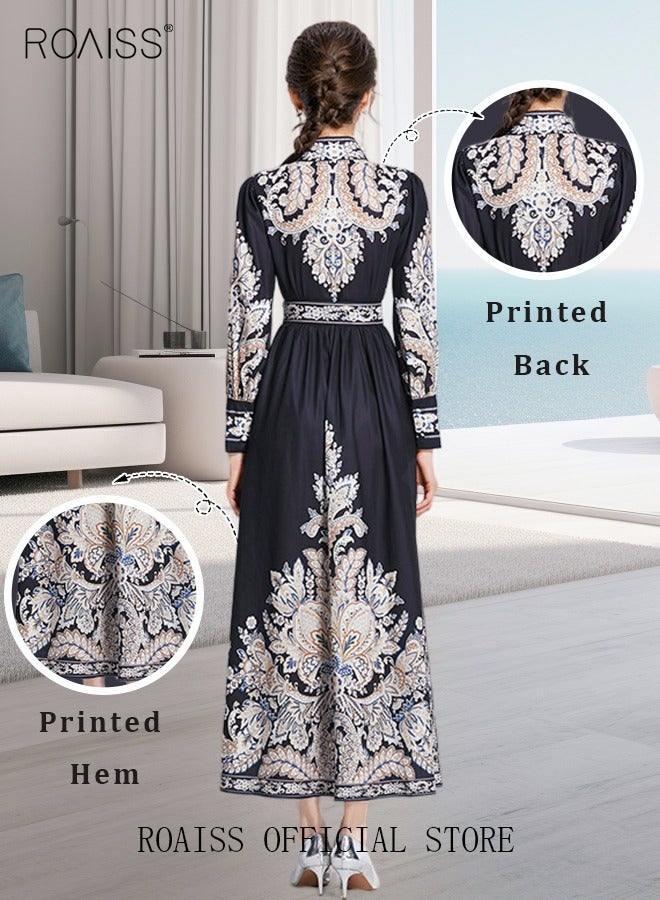 Women Embroidered Belted Shirt Dress Full Sleeved Slim Waist Belted Button Print Casual Muslim Long Dress Outfits Floral Print Mock Neck Long Sleeve Women Casual Long Dress