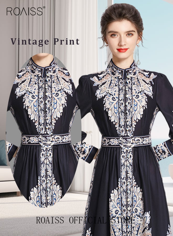 Women Embroidered Belted Shirt Dress Full Sleeved Slim Waist Belted Button Print Casual Muslim Long Dress Outfits Floral Print Mock Neck Long Sleeve Women Casual Long Dress