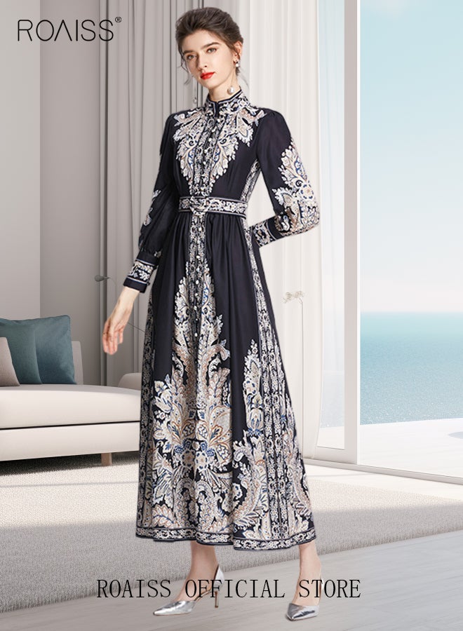 Women Embroidered Belted Shirt Dress Full Sleeved Slim Waist Belted Button Print Casual Muslim Long Dress Outfits Floral Print Mock Neck Long Sleeve Women Casual Long Dress