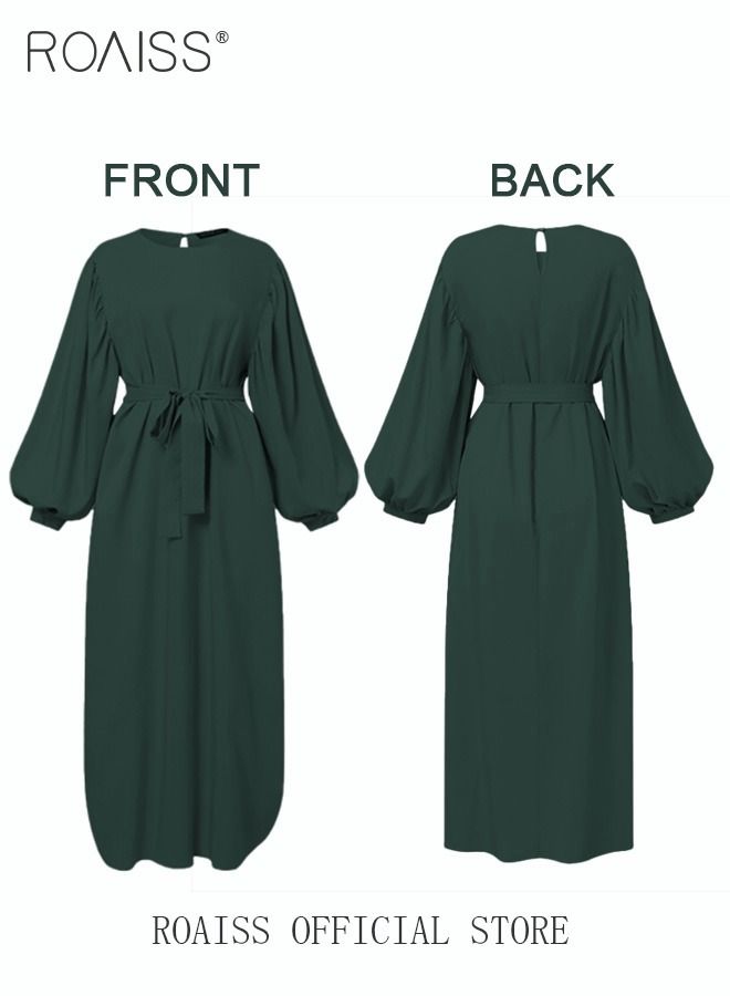 Abaya with Belt for Women Ladies Long Sleeve Dress Classic Style Lantern Sleeve Tunic Round Neck Casual Elegant Dress for Daily Outfit