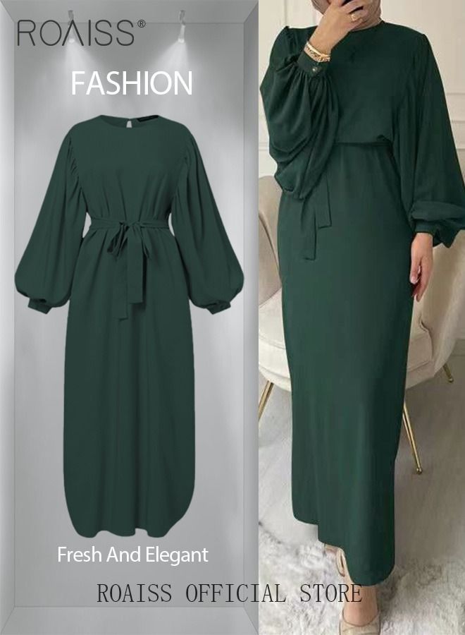 Abaya with Belt for Women Ladies Long Sleeve Dress Classic Style Lantern Sleeve Tunic Round Neck Casual Elegant Dress for Daily Outfit