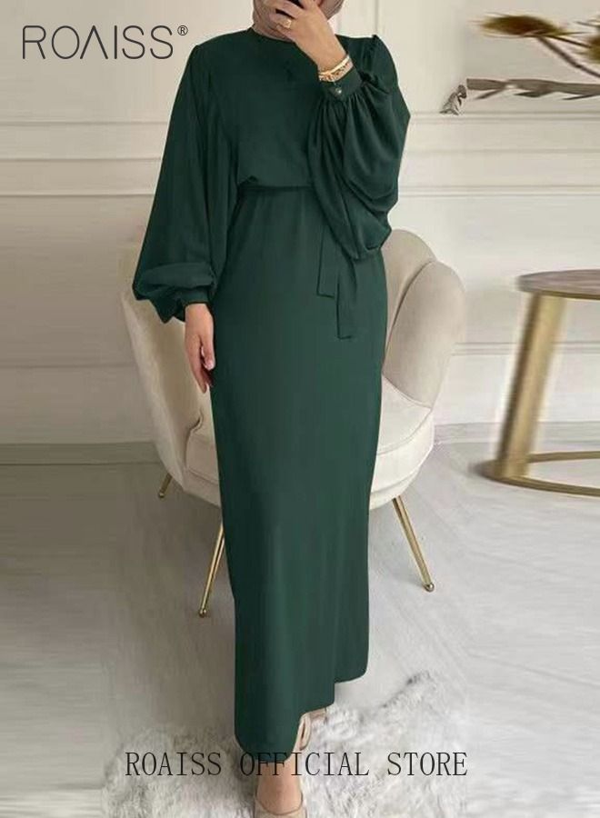 Abaya with Belt for Women Ladies Long Sleeve Dress Classic Style Lantern Sleeve Tunic Round Neck Casual Elegant Dress for Daily Outfit