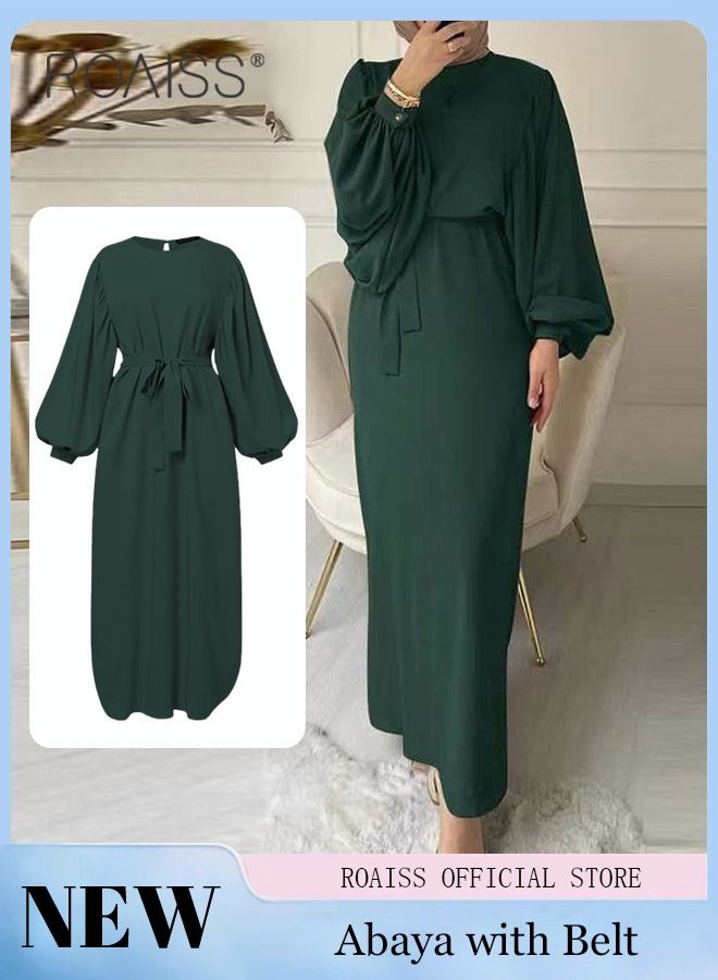 Abaya with Belt for Women Ladies Long Sleeve Dress Classic Style Lantern Sleeve Tunic Round Neck Casual Elegant Dress for Daily Outfit