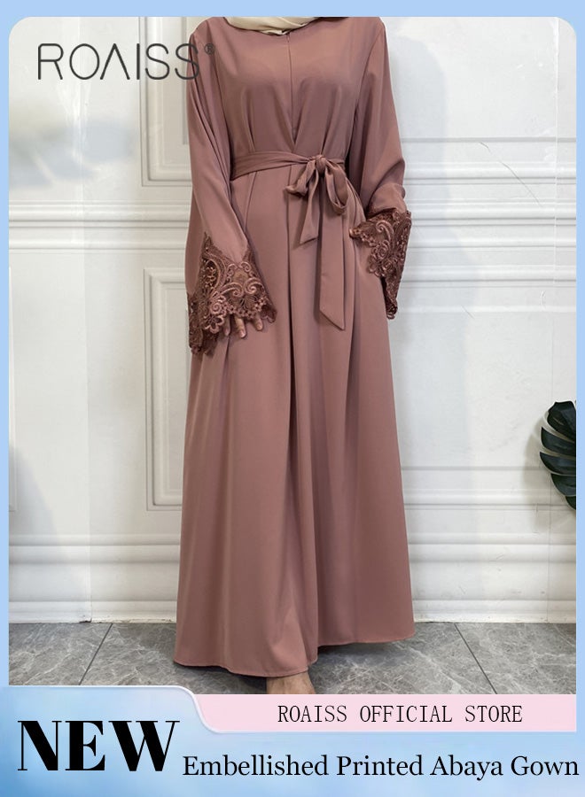 Abaya Style Robe with Solid Color Design Cuffs Lace Elements Belt Waist Design Women Daily Casual All Match Long Skirt Commuter Long Skirt