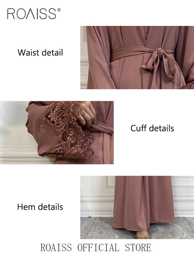 Abaya Style Robe with Solid Color Design Cuffs Lace Elements Belt Waist Design Women Daily Casual All Match Long Skirt Commuter Long Skirt