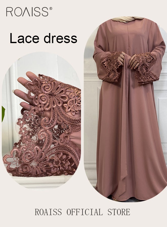 Abaya Style Robe with Solid Color Design Cuffs Lace Elements Belt Waist Design Women Daily Casual All Match Long Skirt Commuter Long Skirt