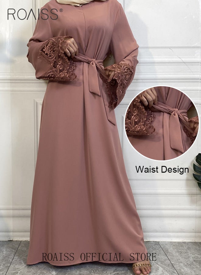 Abaya Style Robe with Solid Color Design Cuffs Lace Elements Belt Waist Design Women Daily Casual All Match Long Skirt Commuter Long Skirt