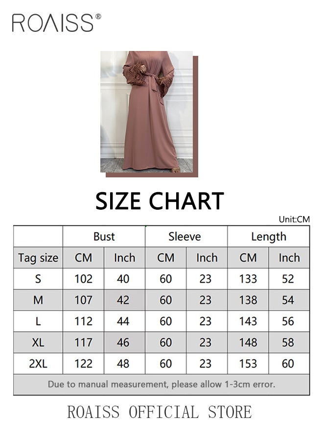 Abaya Style Robe with Solid Color Design Cuffs Lace Elements Belt Waist Design Women Daily Casual All Match Long Skirt Commuter Long Skirt