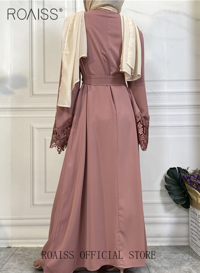 Abaya Style Robe with Solid Color Design Cuffs Lace Elements Belt Waist Design Women Daily Casual All Match Long Skirt Commuter Long Skirt