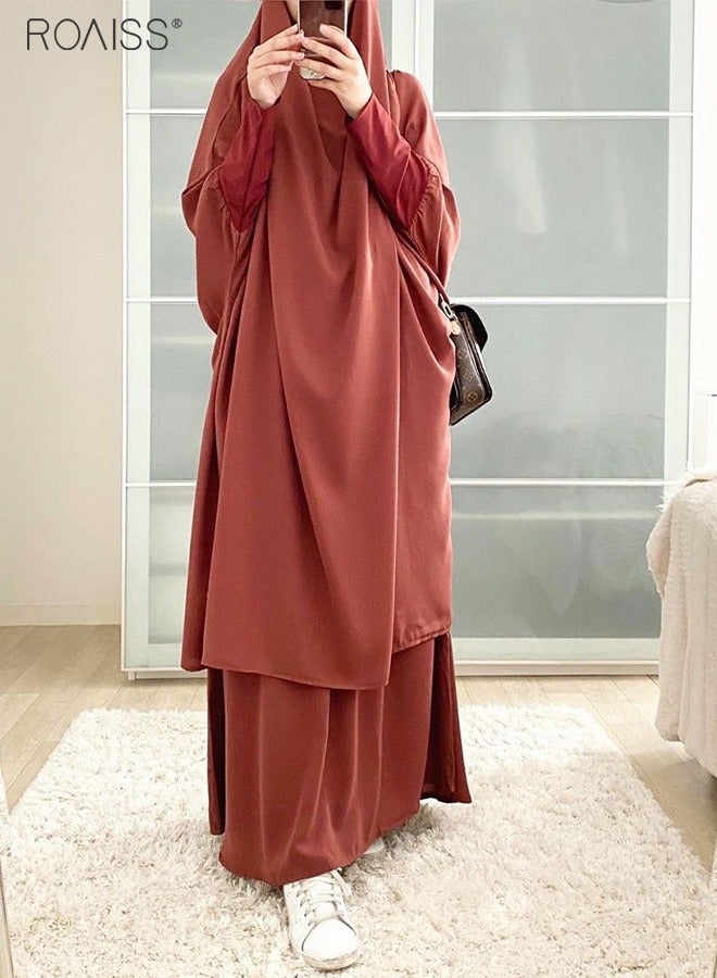 2-Piece Casual Loose Set Muslim Women's Long Top and Elastic Waist Skirt Wrist Splice Tight Fashion Versatile Set