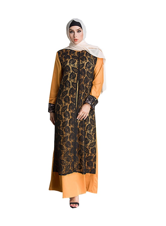 Patchwork Round Neck Kaftan Mustard/Black