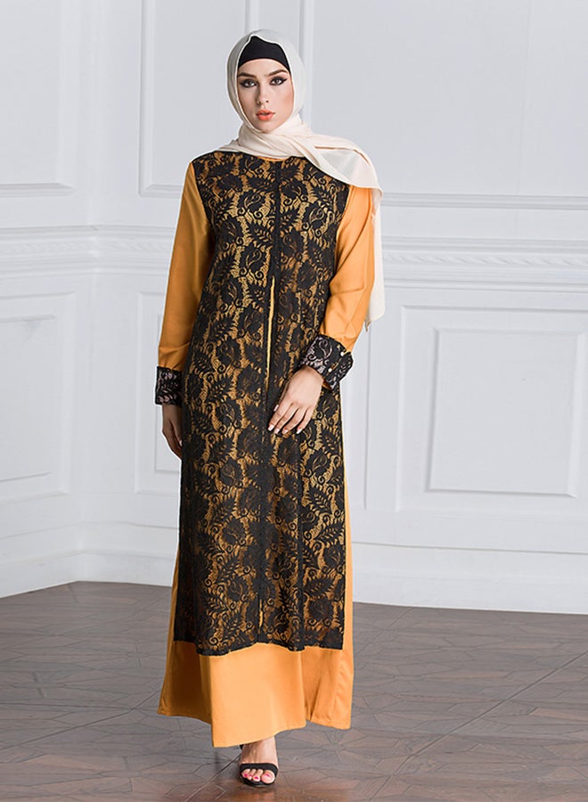 Patchwork Round Neck Kaftan Mustard/Black