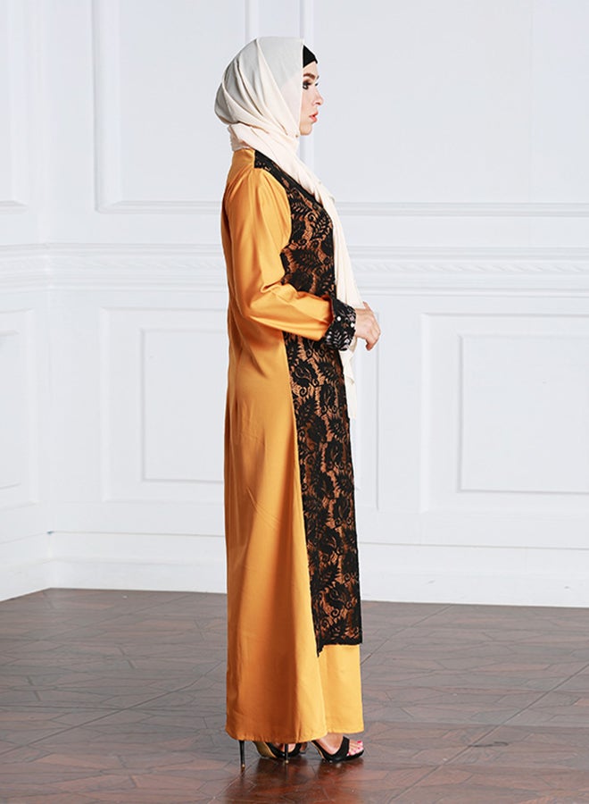 Patchwork Round Neck Kaftan Mustard/Black