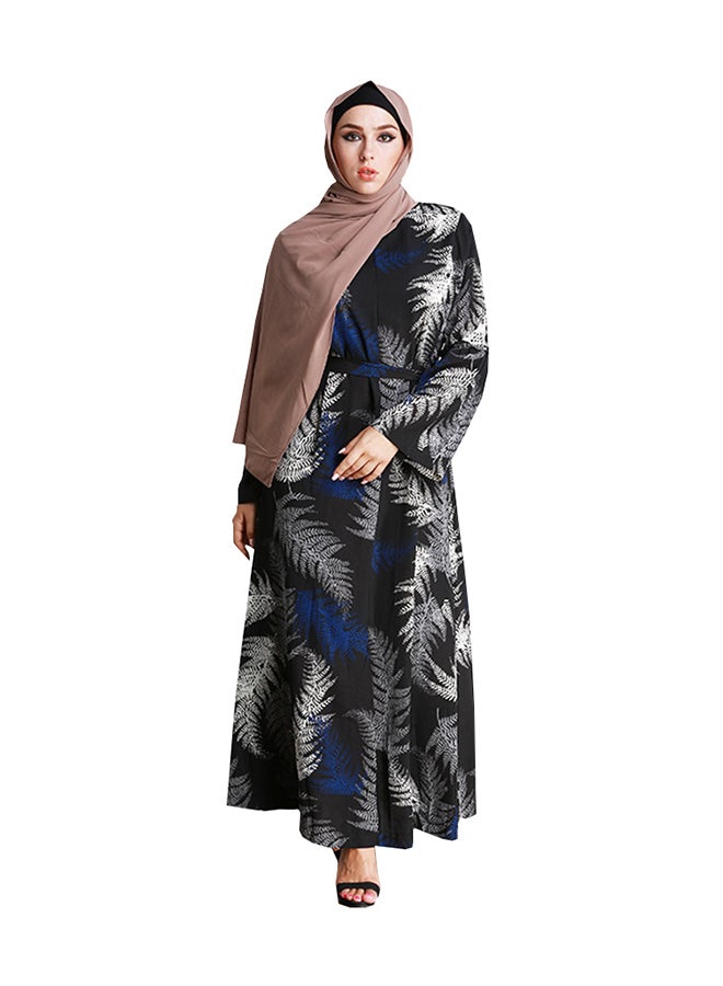 Leaf Pattern Long Sleeve Kaftan Black/White/Blue