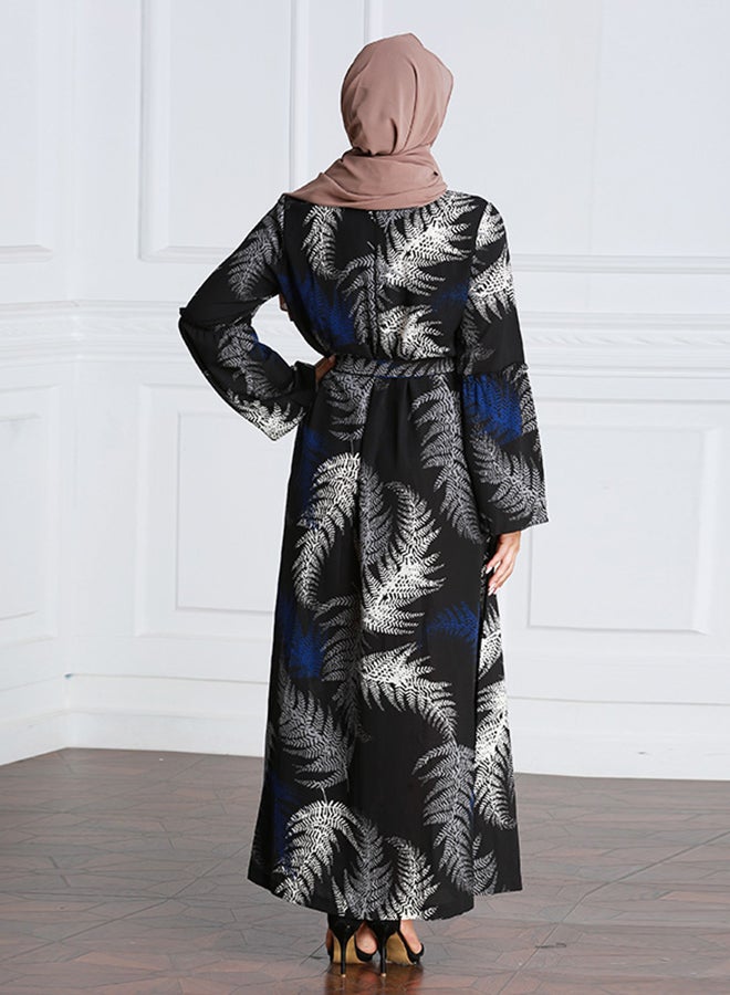 Leaf Pattern Long Sleeve Kaftan Black/White/Blue