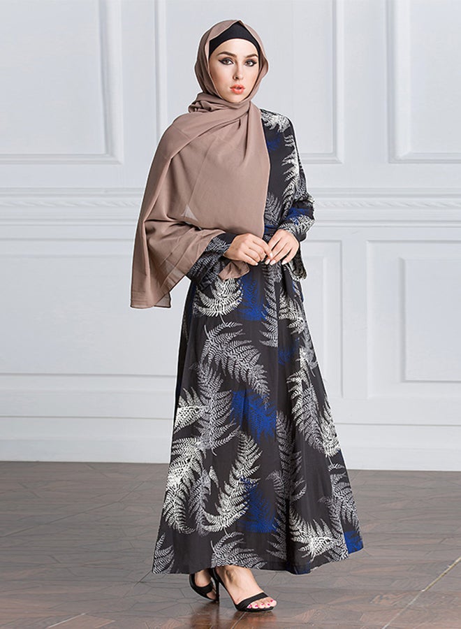 Leaf Pattern Long Sleeve Kaftan Black/White/Blue