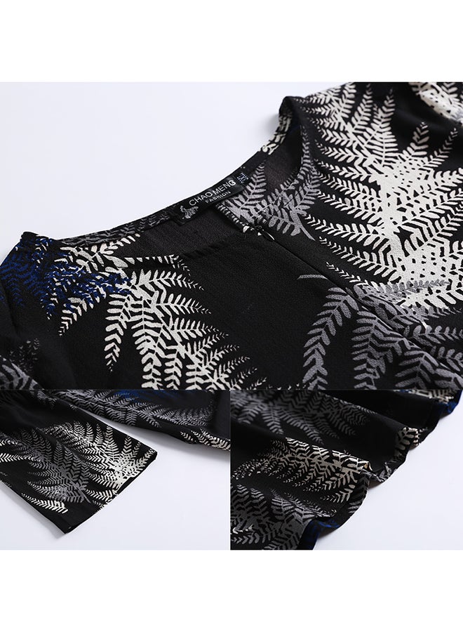 Leaf Pattern Long Sleeve Kaftan Black/White/Blue