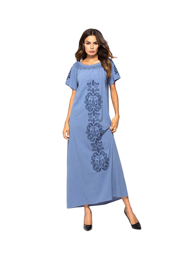 Casual Embroidered Short Sleeve Kaftan Dress Blue