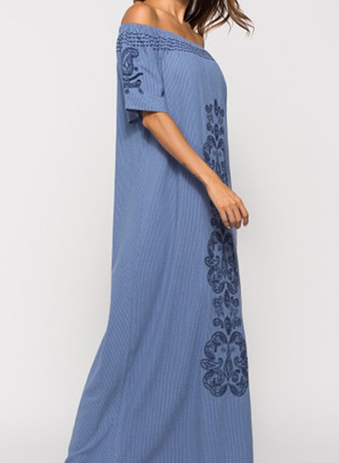 Casual Embroidered Short Sleeve Kaftan Dress Blue