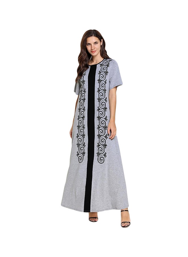 Casual Embroidered Short Sleeve Kaftan Dress Grey/Black