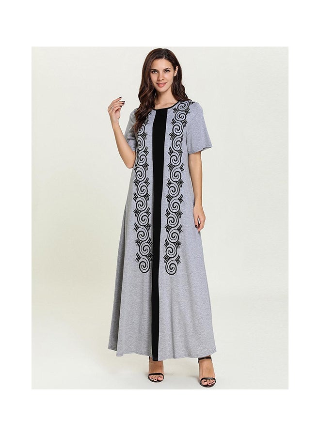 Casual Embroidered Short Sleeve Kaftan Dress Grey/Black