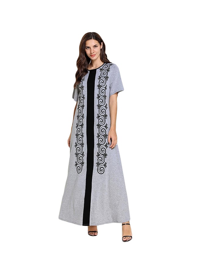 Embroidery O Neck Short Sleeve Maxi Kaftan Grey/Black