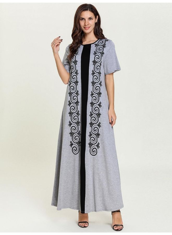 Embroidery O Neck Short Sleeve Maxi Kaftan Grey/Black