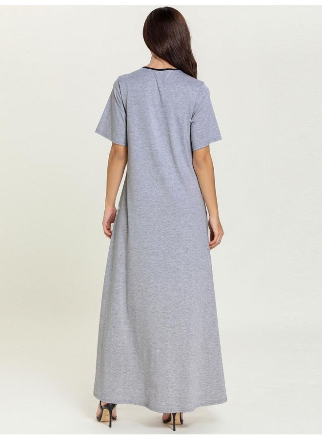 Embroidery O Neck Short Sleeve Maxi Kaftan Grey/Black