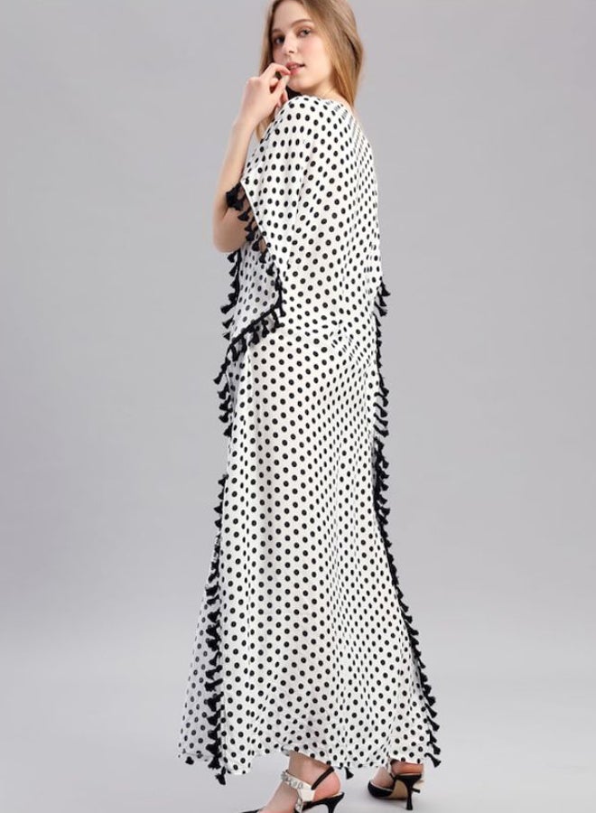 Polka Dot Pattern Batwing Sleeve Maxi Dress White/Black