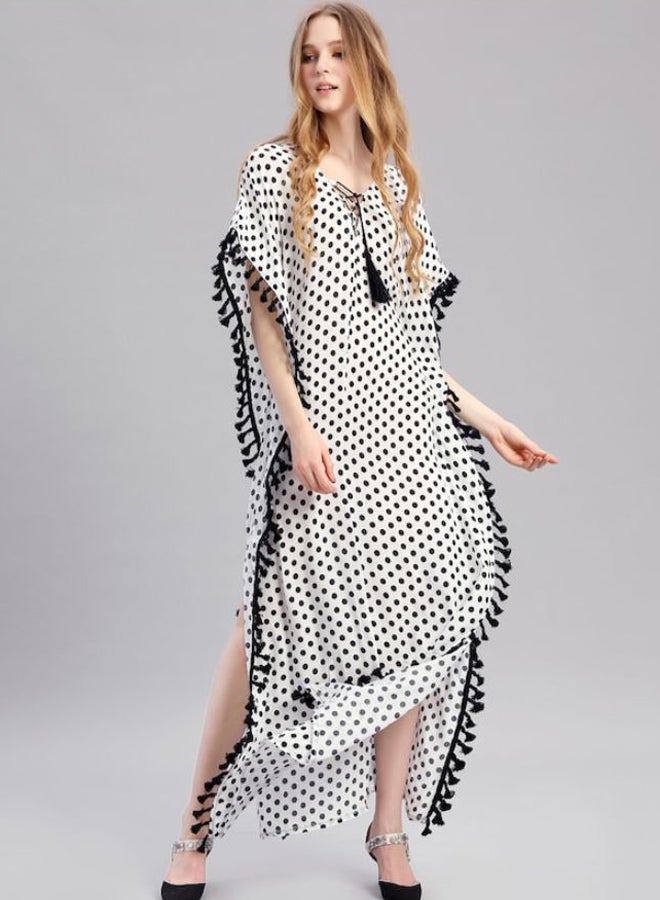 Polka Dot Pattern Batwing Sleeve Maxi Dress White/Black