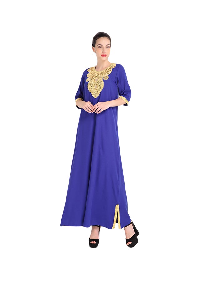 O Neck Short Sleeve Split Patchwork Maxi Kaftan Blue