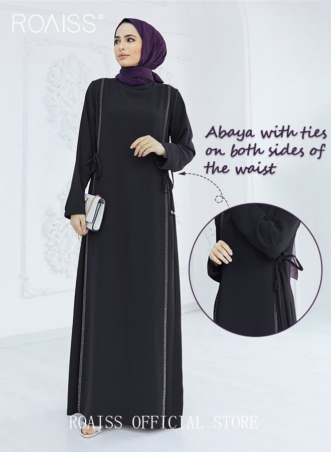 Women's Long-Sleeved Long Dress Hot Drill Stitching Bundle Waisted Robe Dress Side Two Drawstring Dress for Women Ladies