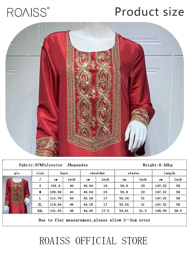 Women Embroidered Robe Maxi Dresses Stylish Abaya Square Collar Dress Middle East Arabic Banquet Wedding Party Dress Women's Festival Clothing Red