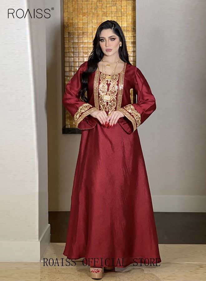 Women Embroidered Robe Maxi Dresses Stylish Abaya Square Collar Dress Middle East Arabic Banquet Wedding Party Dress Women's Festival Clothing Red