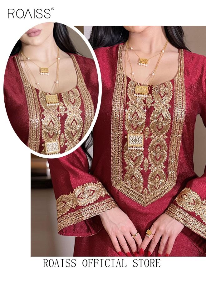 Women Embroidered Robe Maxi Dresses Stylish Abaya Square Collar Dress Middle East Arabic Banquet Wedding Party Dress Women's Festival Clothing Red