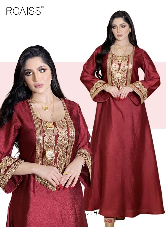 Women Embroidered Robe Maxi Dresses Stylish Abaya Square Collar Dress Middle East Arabic Banquet Wedding Party Dress Women's Festival Clothing Red