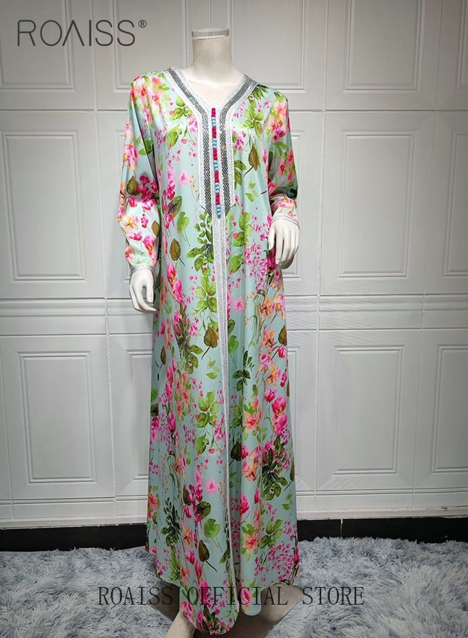 Women's V-Neck Long-Sleeved Dress Floral Pattern Embroidery Front Arabian Robe