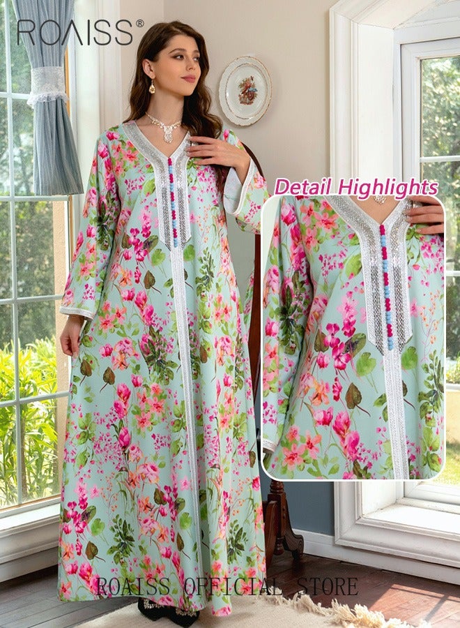 Women's V-Neck Long-Sleeved Dress Floral Pattern Embroidery Front Arabian Robe