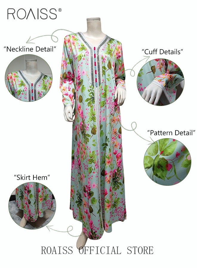 Women's V-Neck Long-Sleeved Dress Floral Pattern Embroidery Front Arabian Robe