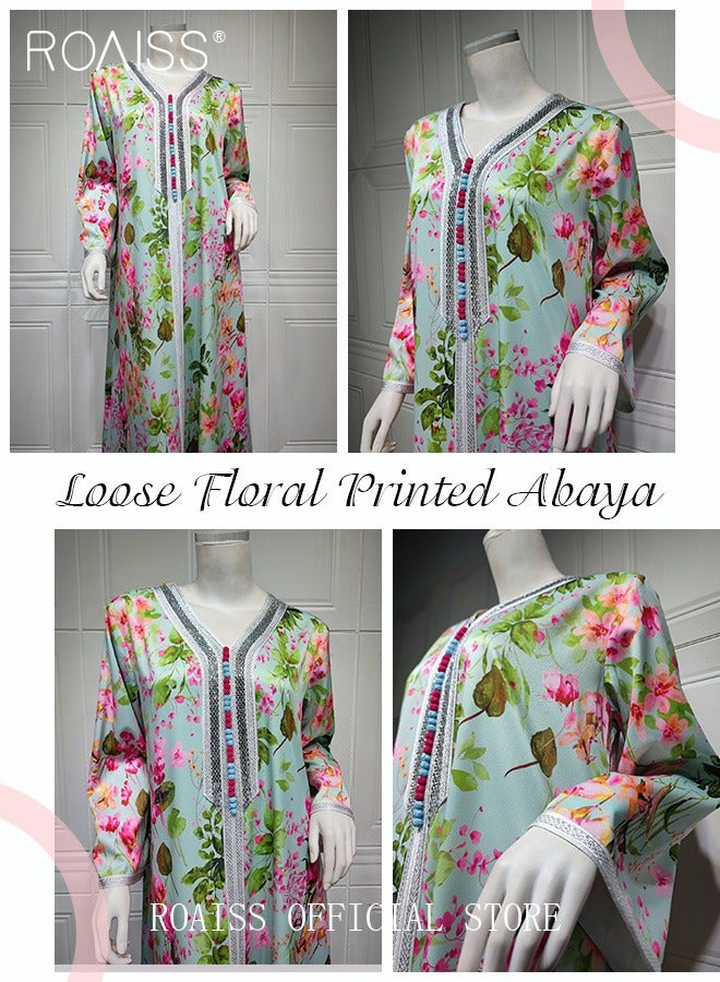 Women's V-Neck Long-Sleeved Dress Floral Pattern Embroidery Front Arabian Robe