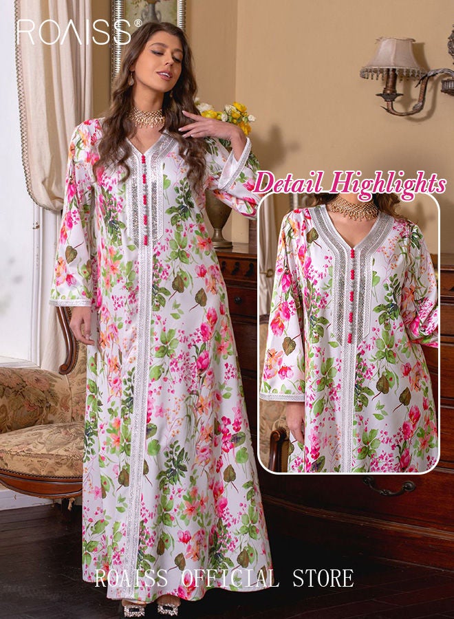 Women's V-Neck Long-Sleeved Dress Floral Pattern Embroidery Front Arabian Robe