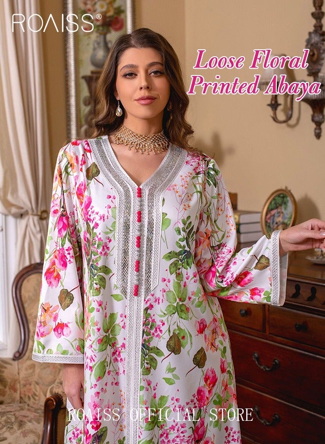 Women's V-Neck Long-Sleeved Dress Floral Pattern Embroidery Front Arabian Robe