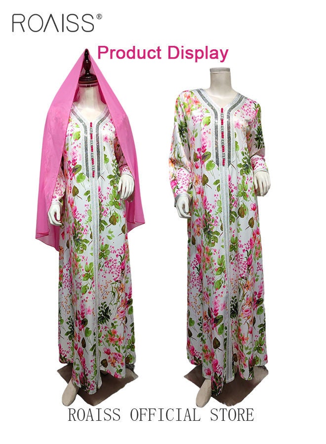 Women's V-Neck Long-Sleeved Dress Floral Pattern Embroidery Front Arabian Robe