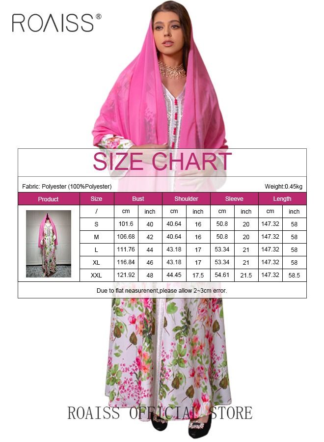 Women's V-Neck Long-Sleeved Dress Floral Pattern Embroidery Front Arabian Robe