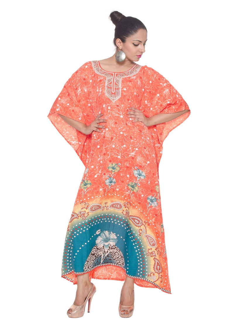 Women Orange Paisley Kaftan Beach Dress Plus Size Maxi House Dresses